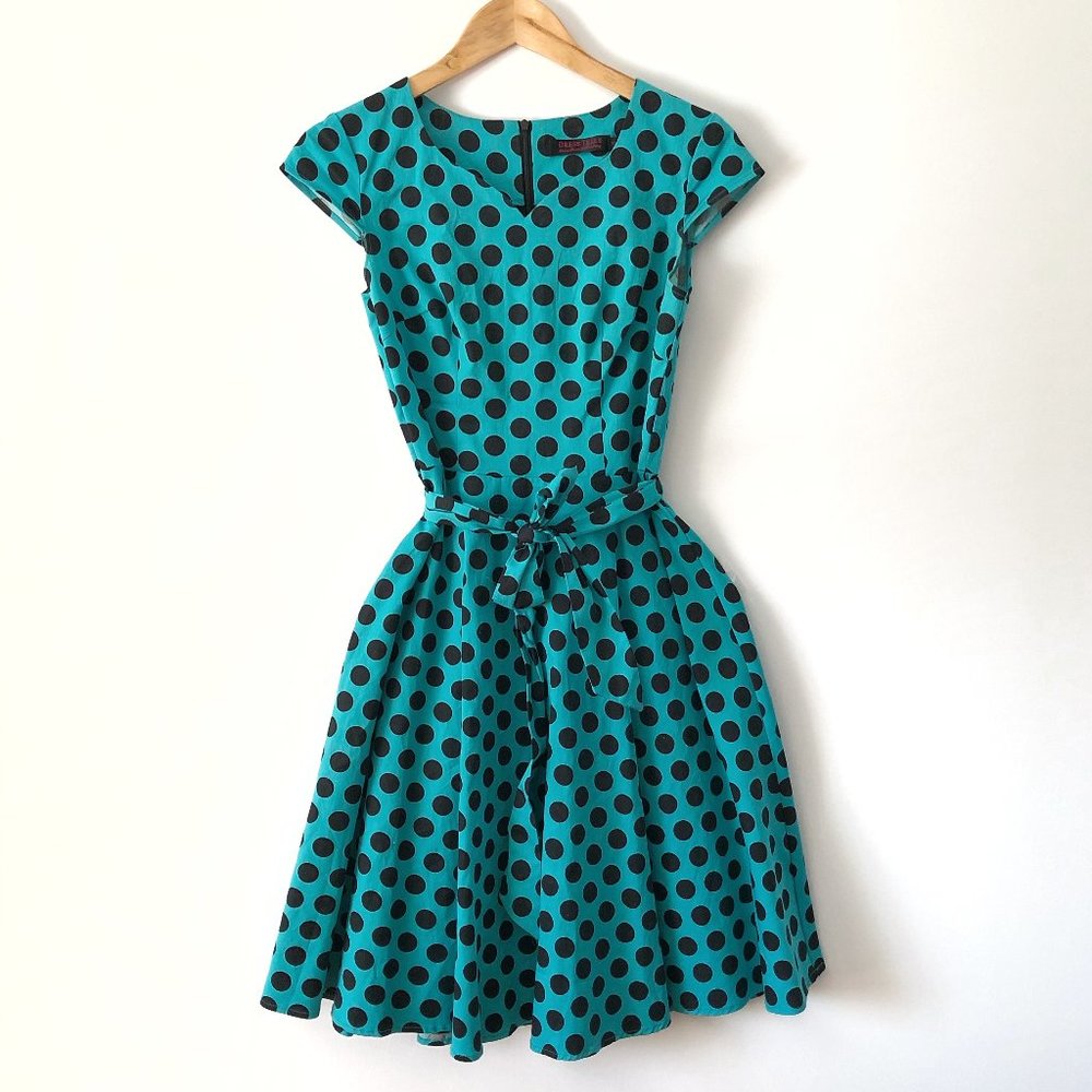 Blue Pinup dress with black polka dots